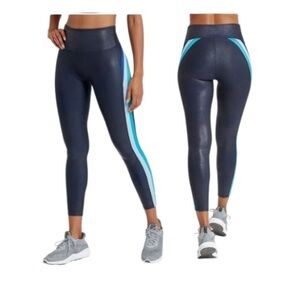 SPANX Kids Navy Leggings with Teal and Light Blue Stripes NWOT